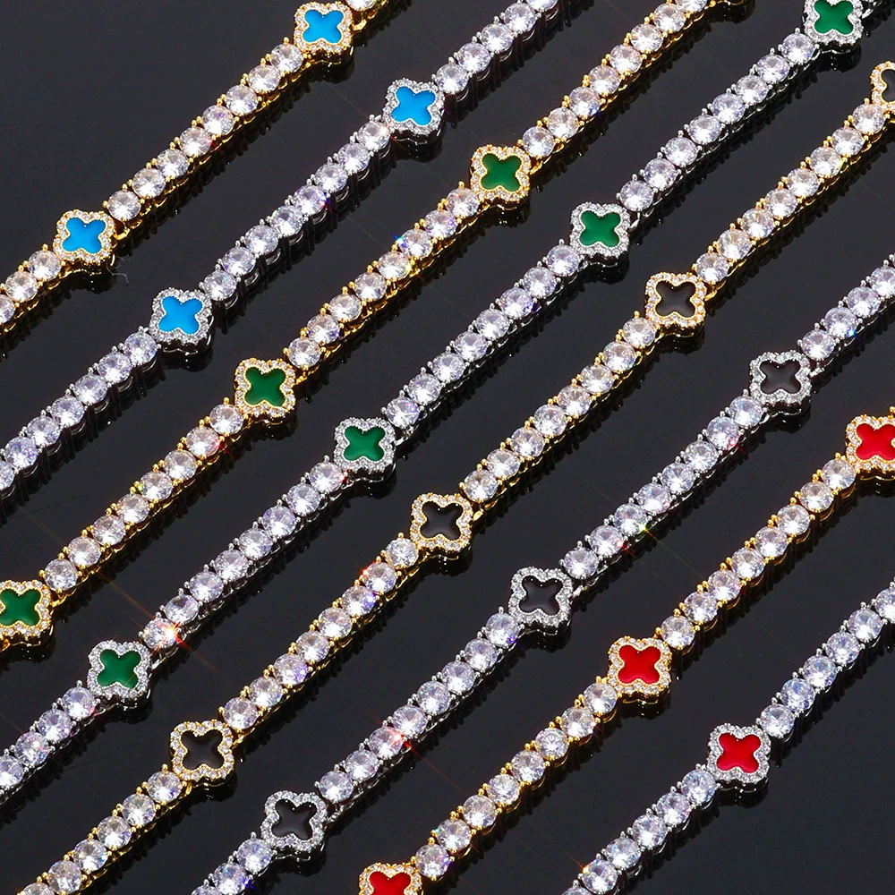 Wholesale Jewelry Hip Hop Style Fourleaf Clover Copper Zirconia Tennis Chain Necklace And Bracelet
