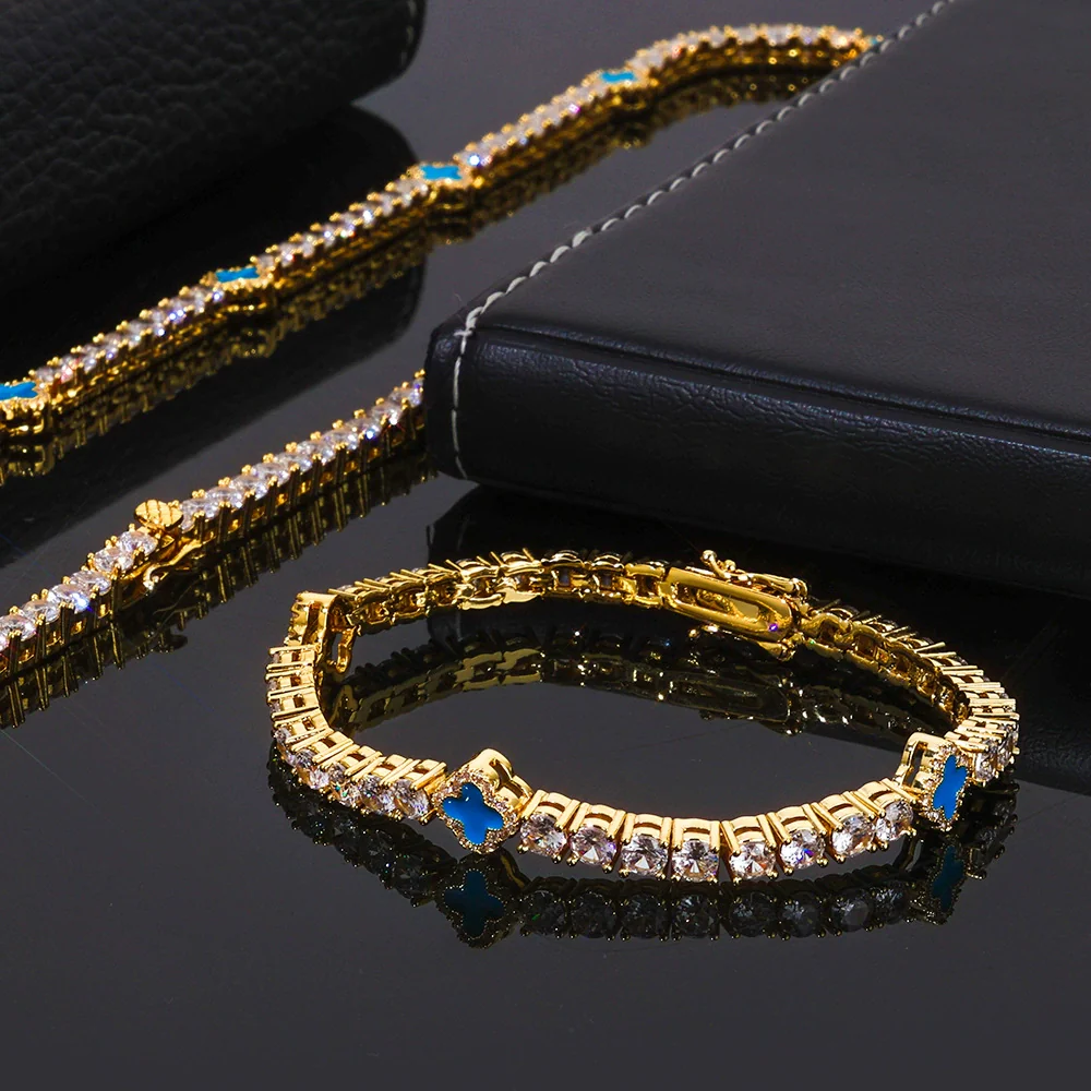Wholesale Jewelry Hip Hop Style Fourleaf Clover Copper Zirconia Tennis Chain Necklace And Bracelet - Image 10