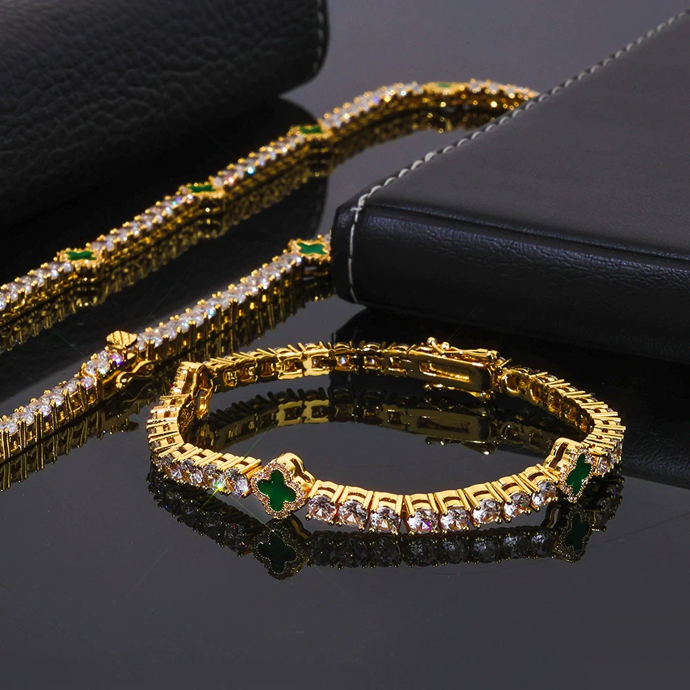 Wholesale Jewelry Hip Hop Style Fourleaf Clover Copper Zirconia Tennis Chain Necklace And Bracelet - Image 12