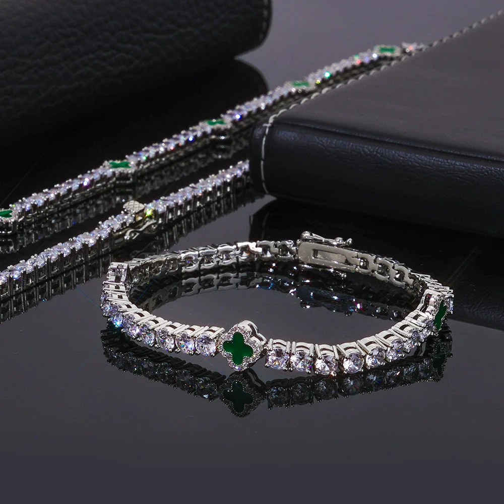 Wholesale Jewelry Hip Hop Style Fourleaf Clover Copper Zirconia Tennis Chain Necklace And Bracelet - Image 13