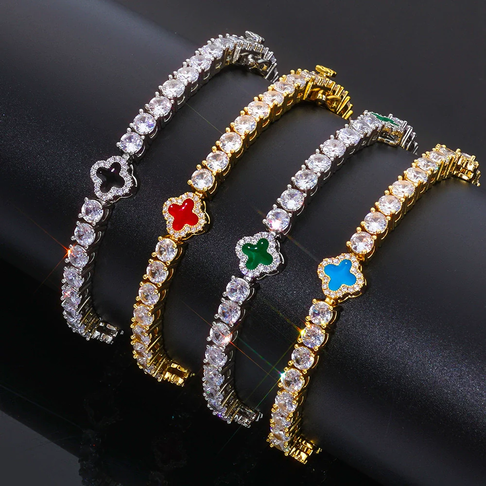 Wholesale Jewelry Hip Hop Style Fourleaf Clover Copper Zirconia Tennis Chain Necklace And Bracelet - Image 2