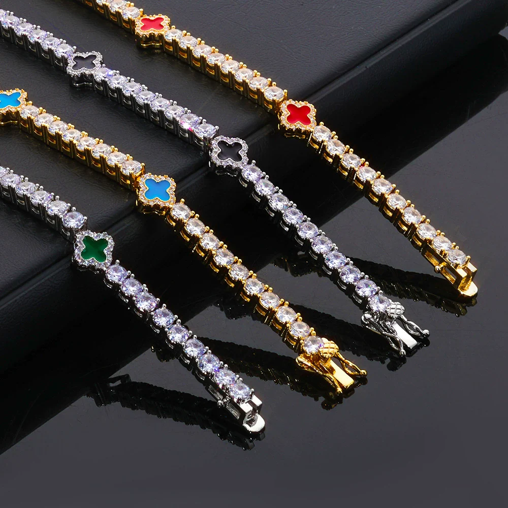 Wholesale Jewelry Hip Hop Style Fourleaf Clover Copper Zirconia Tennis Chain Necklace And Bracelet - Image 3