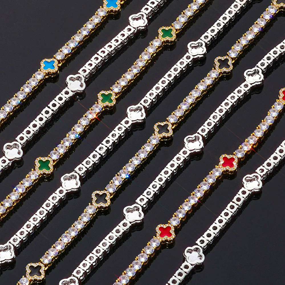 Wholesale Jewelry Hip Hop Style Fourleaf Clover Copper Zirconia Tennis Chain Necklace And Bracelet - Image 4