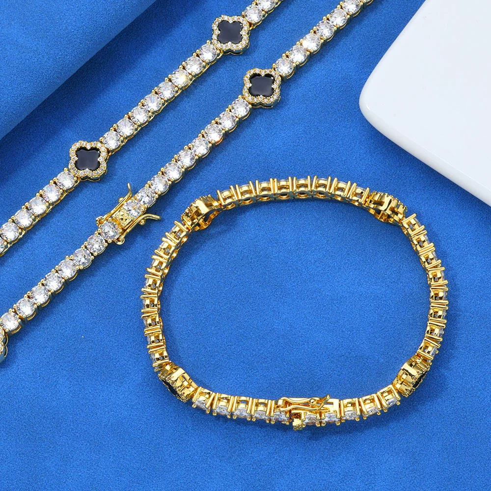 Wholesale Jewelry Hip Hop Style Fourleaf Clover Copper Zirconia Tennis Chain Necklace And Bracelet - Image 6
