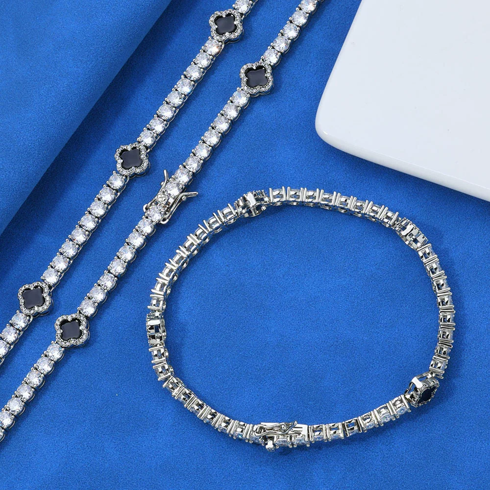 Wholesale Jewelry Hip Hop Style Fourleaf Clover Copper Zirconia Tennis Chain Necklace And Bracelet - Image 7