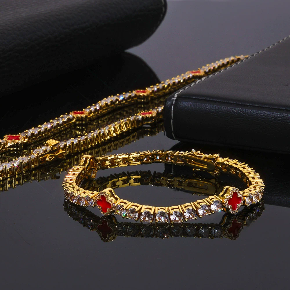 Wholesale Jewelry Hip Hop Style Fourleaf Clover Copper Zirconia Tennis Chain Necklace And Bracelet - Image 8