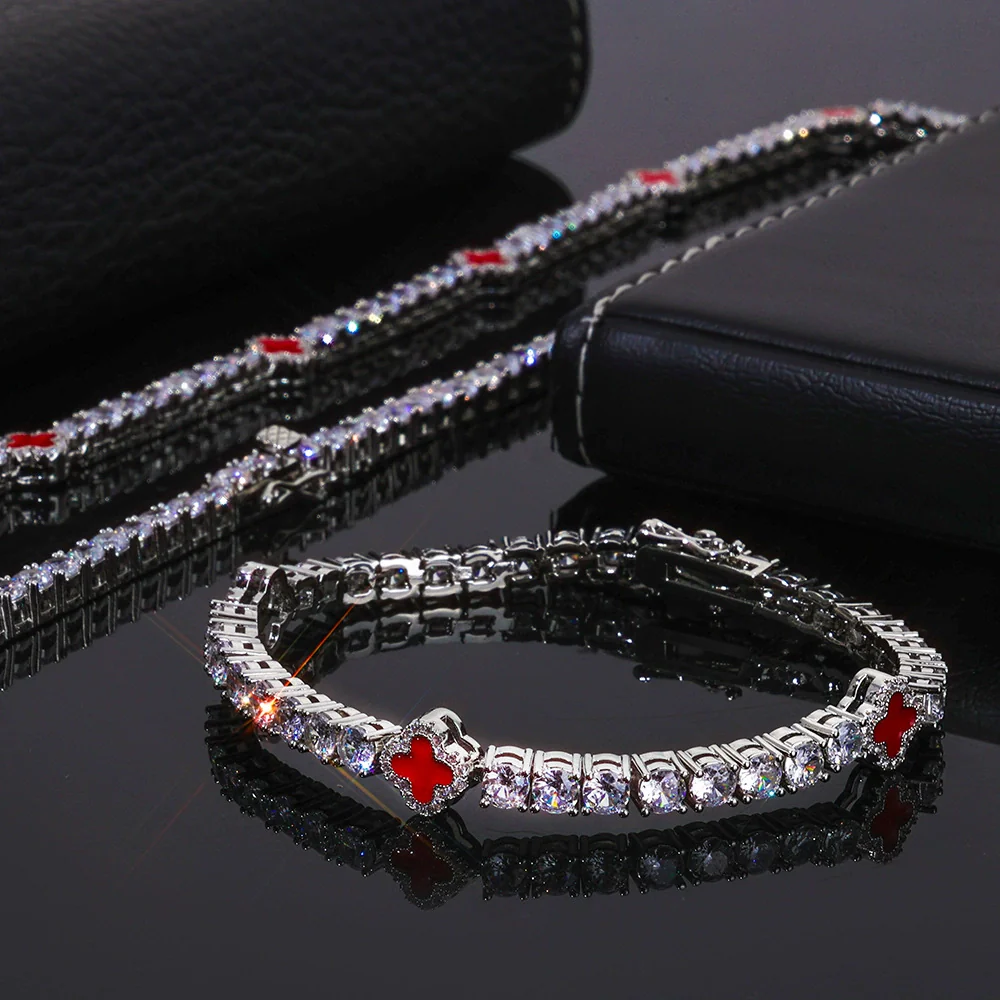 Wholesale Jewelry Hip Hop Style Fourleaf Clover Copper Zirconia Tennis Chain Necklace And Bracelet - Image 9