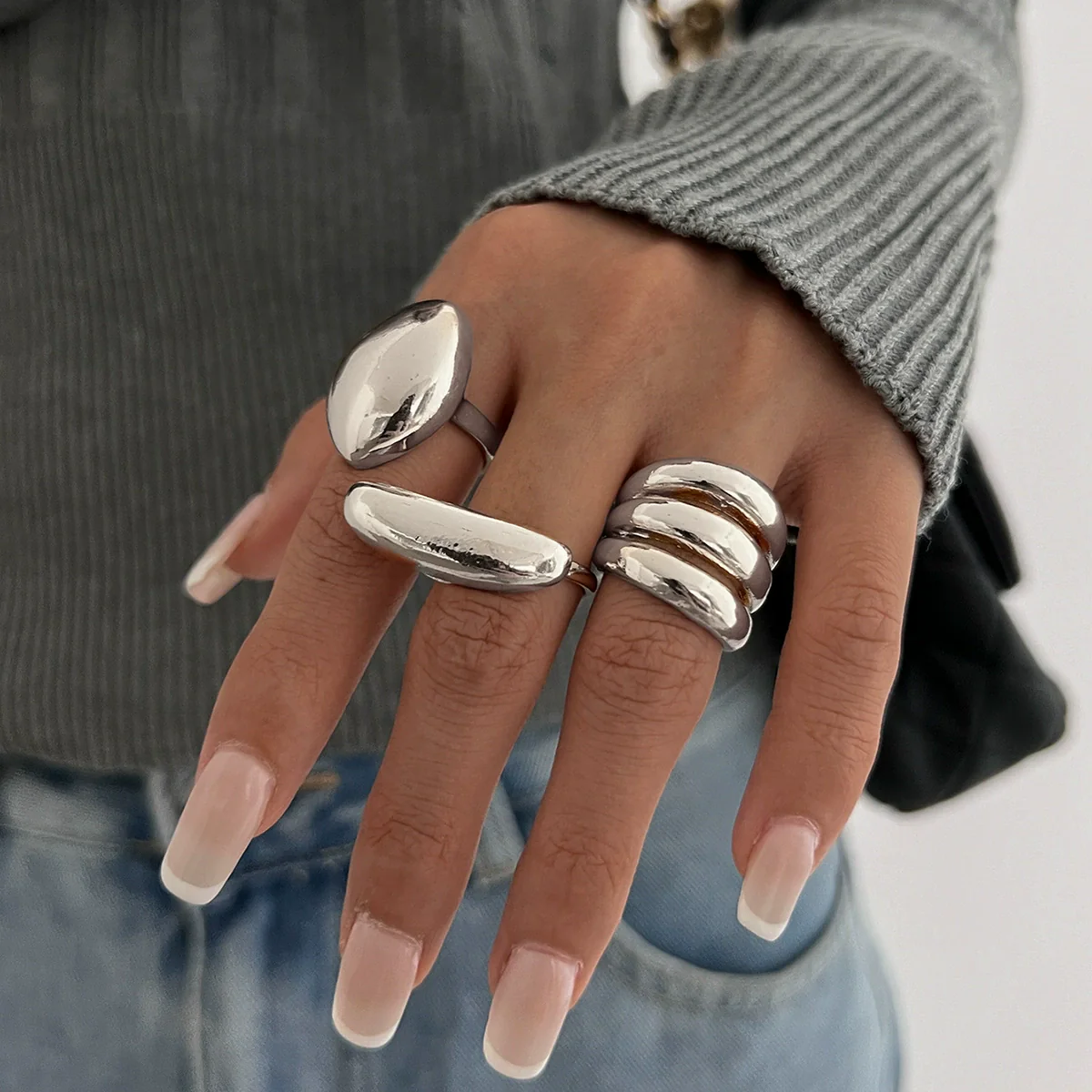 Wholesale Jewelry Hiphop Style Zinc Alloy Geometric Irregular Joint Ring Set For Women With Electroplating - Image 9