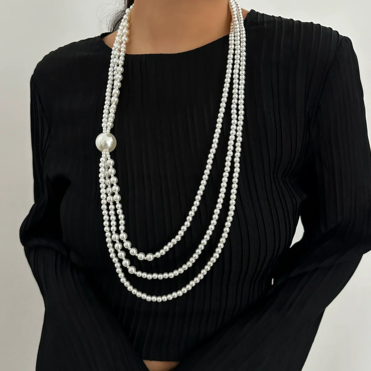 Wholesale Jewelry Imitation Pearl Beaded Geometric Exaggerated Handmade Multilayer Long Necklace For Women - Image 3