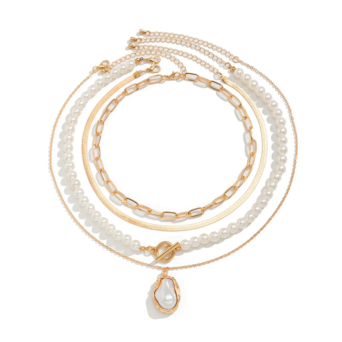 Wholesale Jewelry Ins Style Geometric Alloy Disc Pendant Imitation Pearl Multilayer Clavicle Chain Copperclad Iron Iron Copper Alloy Electroplated - Image 5