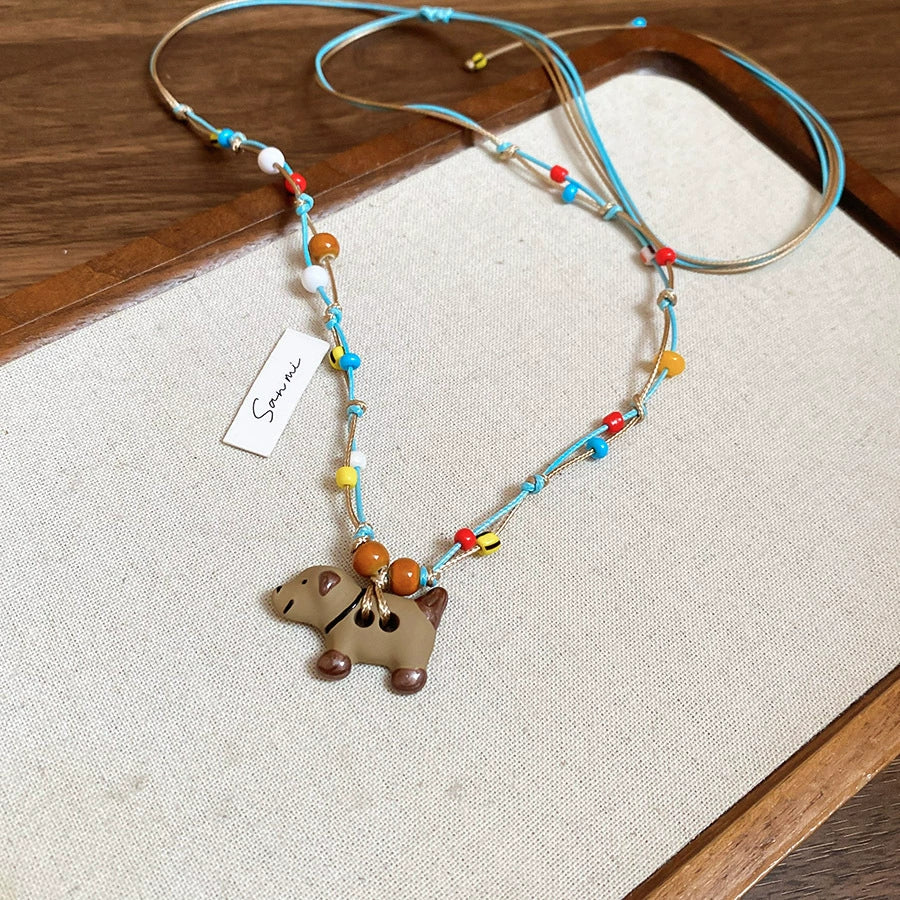 Wholesale Jewelry Leather Geometric Hand Knitted Croissant Smiley Face Bread Pendant Clavicle Chain - Image 13