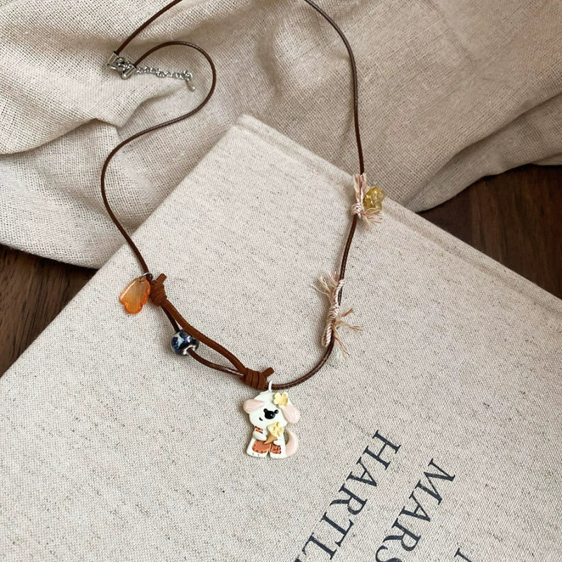 Wholesale Jewelry Leather Geometric Hand Knitted Croissant Smiley Face Bread Pendant Clavicle Chain - Image 22