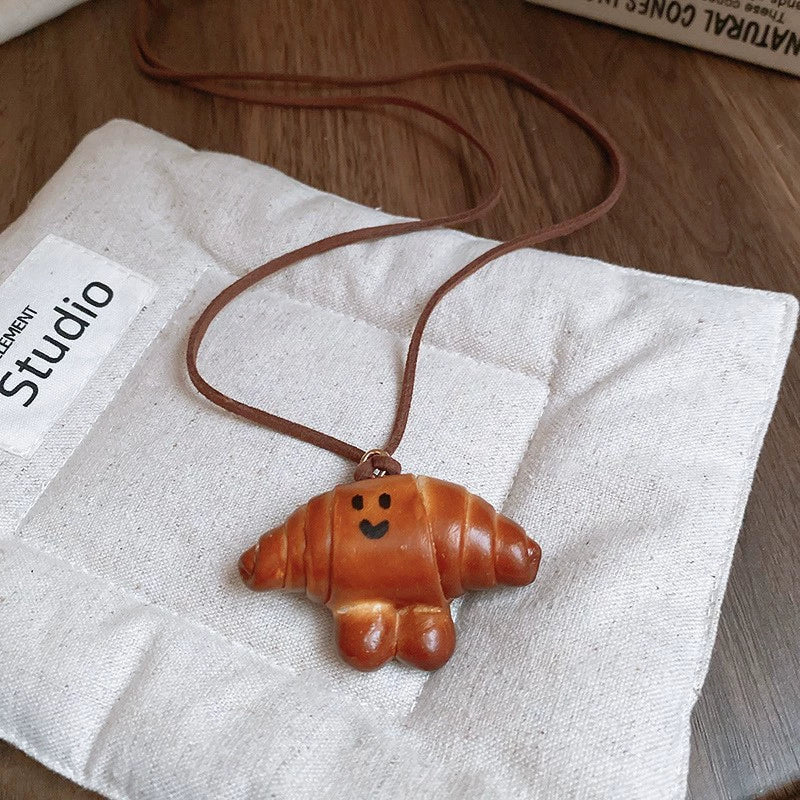 Wholesale Jewelry Leather Geometric Hand Knitted Croissant Smiley Face Bread Pendant Clavicle Chain - Image 5