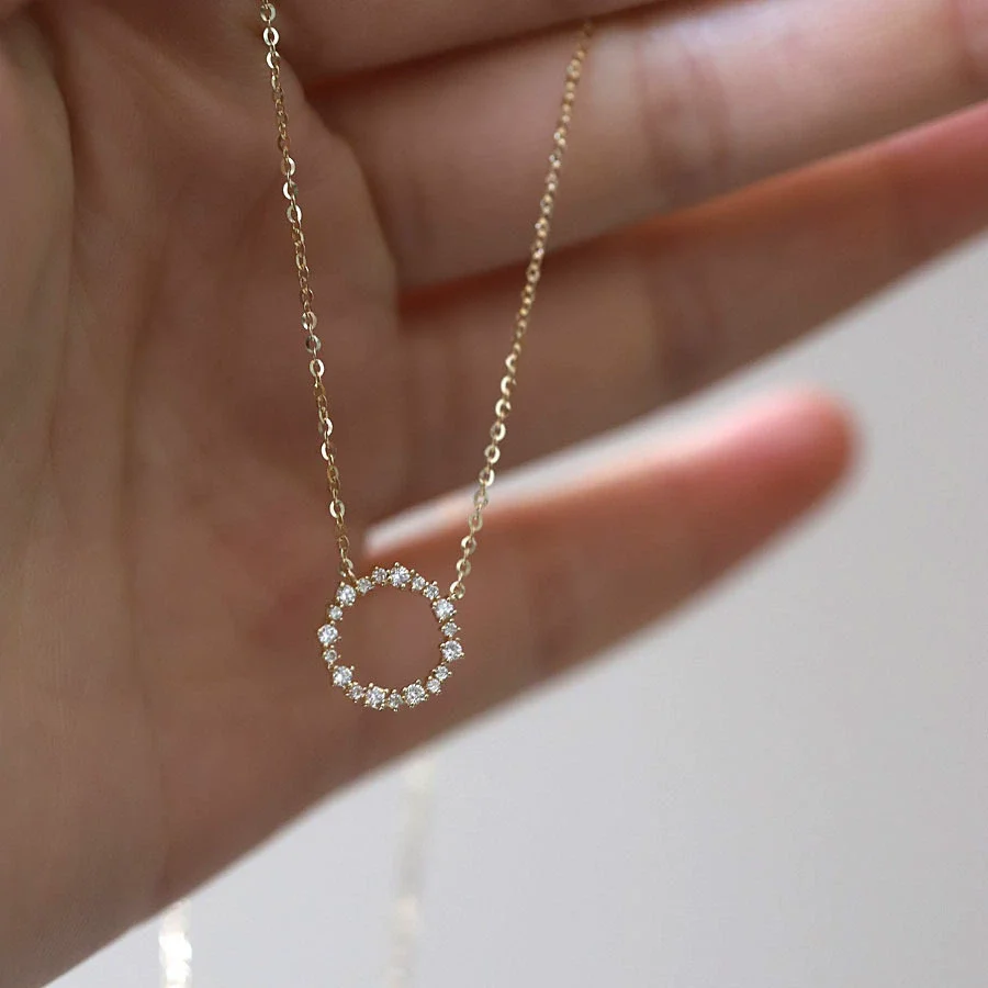Wholesale Jewelry Light Luxury Geometric 925 Sterling Silver 14K Gold Plated Necklace With Inlaid Zircon And Diamond Circle Pendant Ochain For Women - Image 2