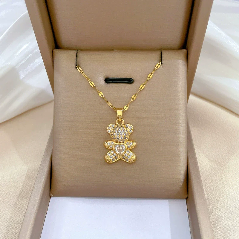 Wholesale Jewelry Light Luxury Geometric Bear Pendant Necklace Copper Pendant Stainless Steel Chain