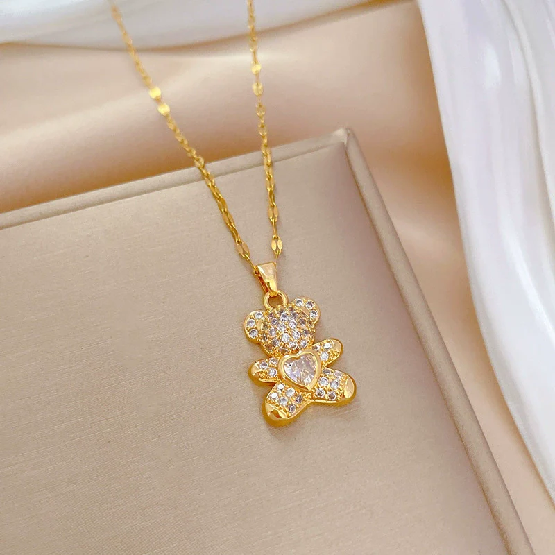 Wholesale Jewelry Light Luxury Geometric Bear Pendant Necklace Copper Pendant Stainless Steel Chain - Image 3