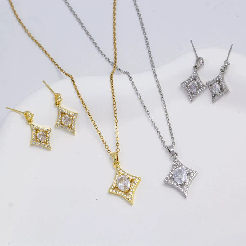Wholesale Jewelry Light Luxury Geometric Quadrilateral Copper Inlaid Zircon Electroplated Pendant Necklace And Earrings Set For Women
