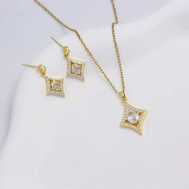 Wholesale Jewelry Light Luxury Geometric Quadrilateral Copper Inlaid Zircon Electroplated Pendant Necklace And Earrings Set For Women - Image 2