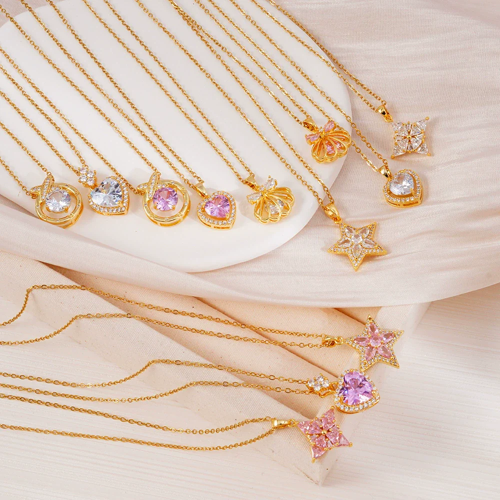 Wholesale Jewelry Light Luxury Style Copper Star Heart Bow Pendant Necklace With Mixed Gemstone Setting And O Word Chain Electroplating
