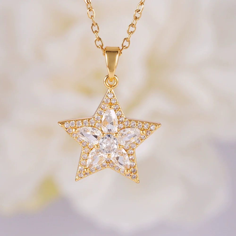 Wholesale Jewelry Light Luxury Style Copper Star Heart Bow Pendant Necklace With Mixed Gemstone Setting And O Word Chain Electroplating - Image 13