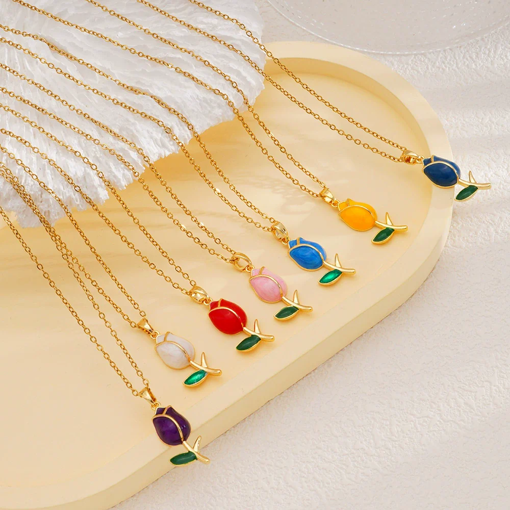 Wholesale Jewelry Light Luxury Style Flower Tulip Copper Clavicle Chain Necklace With Mixed Gemstone Setting And Electroplating