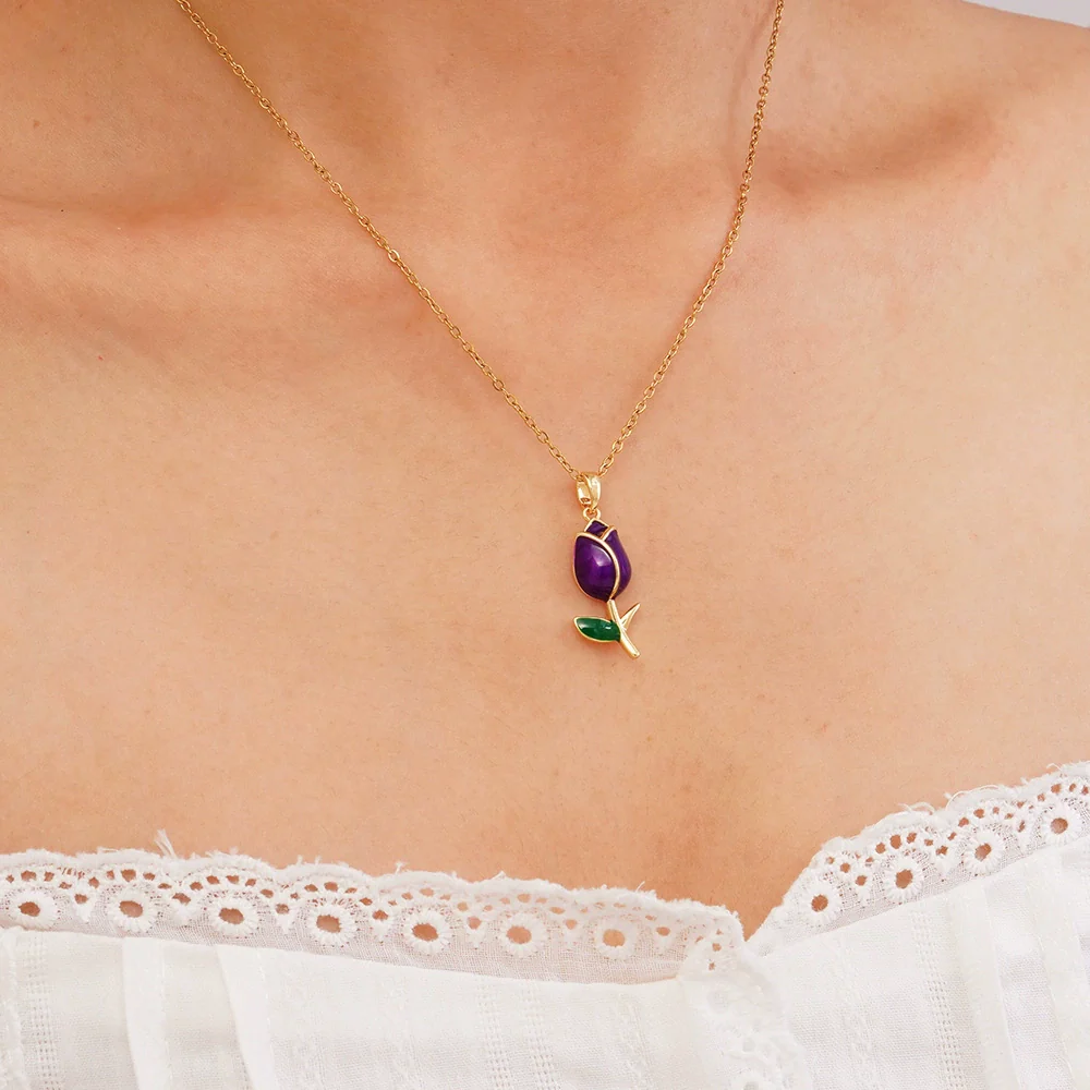 Wholesale Jewelry Light Luxury Style Flower Tulip Copper Clavicle Chain Necklace With Mixed Gemstone Setting And Electroplating - Image 11