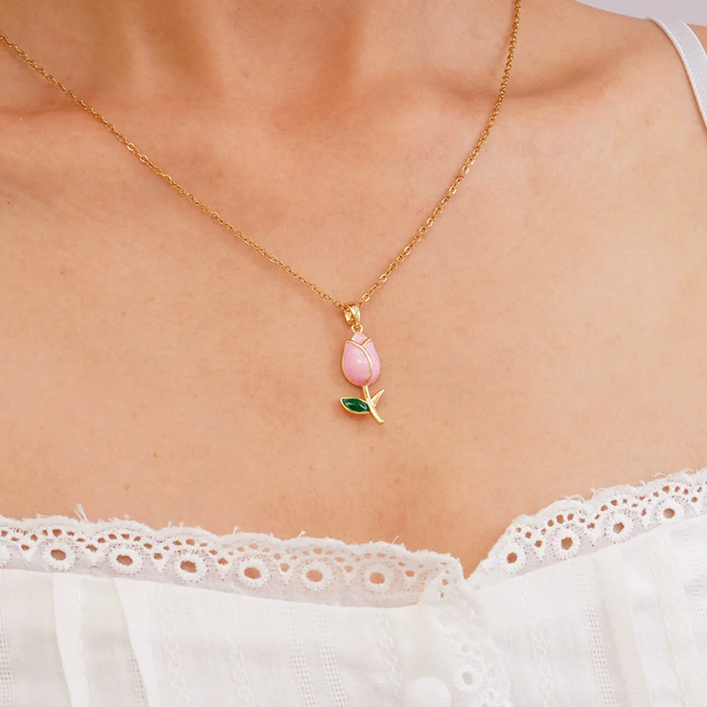 Wholesale Jewelry Light Luxury Style Flower Tulip Copper Clavicle Chain Necklace With Mixed Gemstone Setting And Electroplating - Image 7