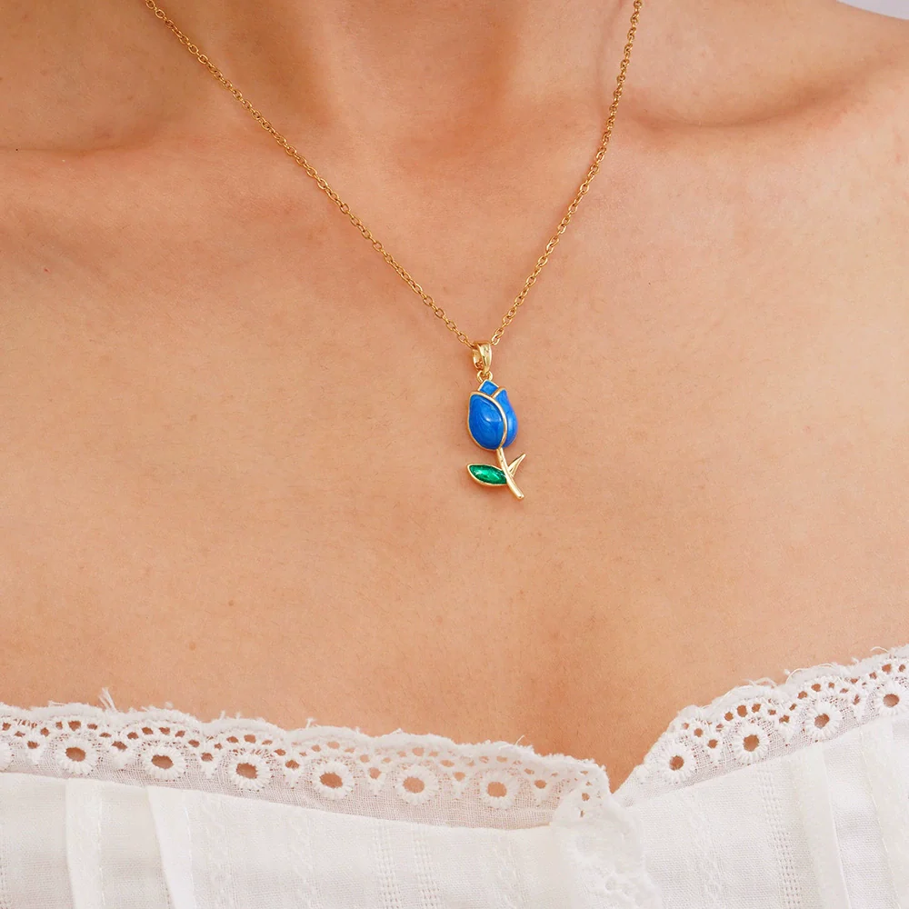 Wholesale Jewelry Light Luxury Style Flower Tulip Copper Clavicle Chain Necklace With Mixed Gemstone Setting And Electroplating - Image 8