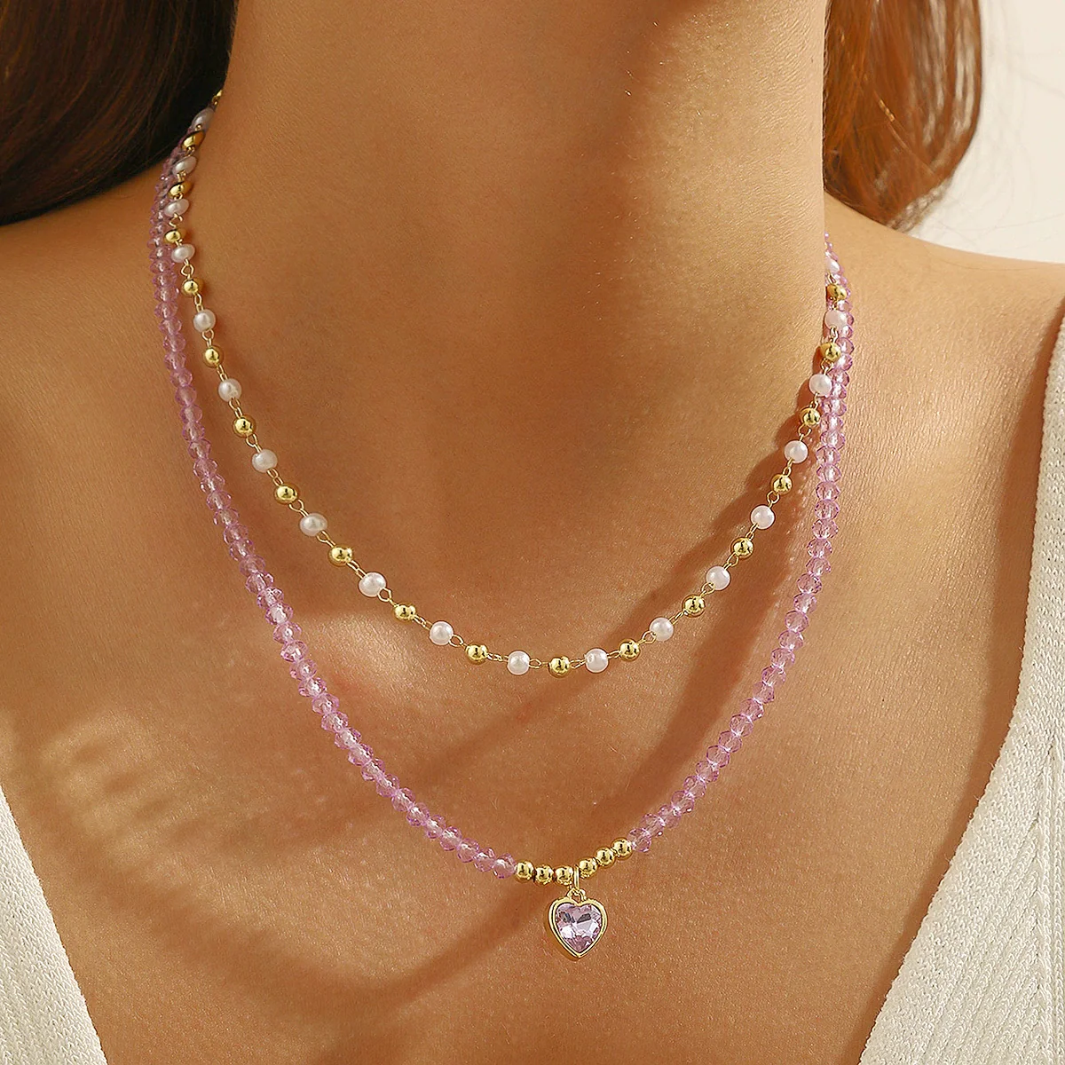Wholesale Jewelry Little Fresh Style Heart Shape Alloy Pendant Artificial Crystal Double Layer String Of Pearls Necklace With Electroplating