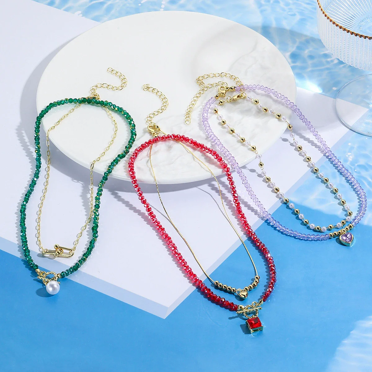 Wholesale Jewelry Little Fresh Style Heart Shape Alloy Pendant Artificial Crystal Double Layer String Of Pearls Necklace With Electroplating - Image 2