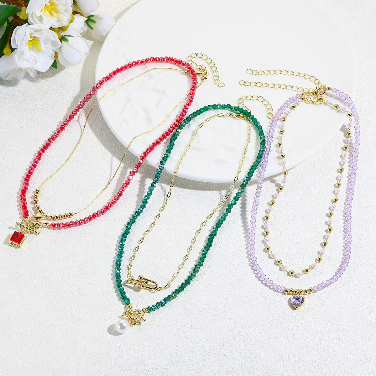 Wholesale Jewelry Little Fresh Style Heart Shape Alloy Pendant Artificial Crystal Double Layer String Of Pearls Necklace With Electroplating - Image 3