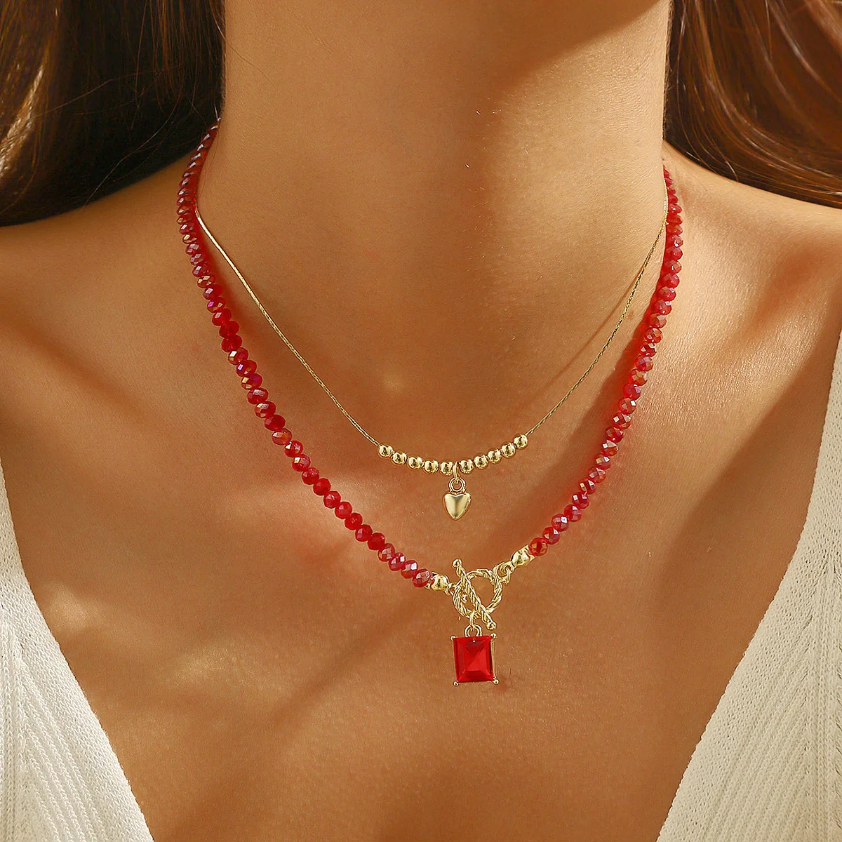 Wholesale Jewelry Little Fresh Style Heart Shape Alloy Pendant Artificial Crystal Double Layer String Of Pearls Necklace With Electroplating - Image 4