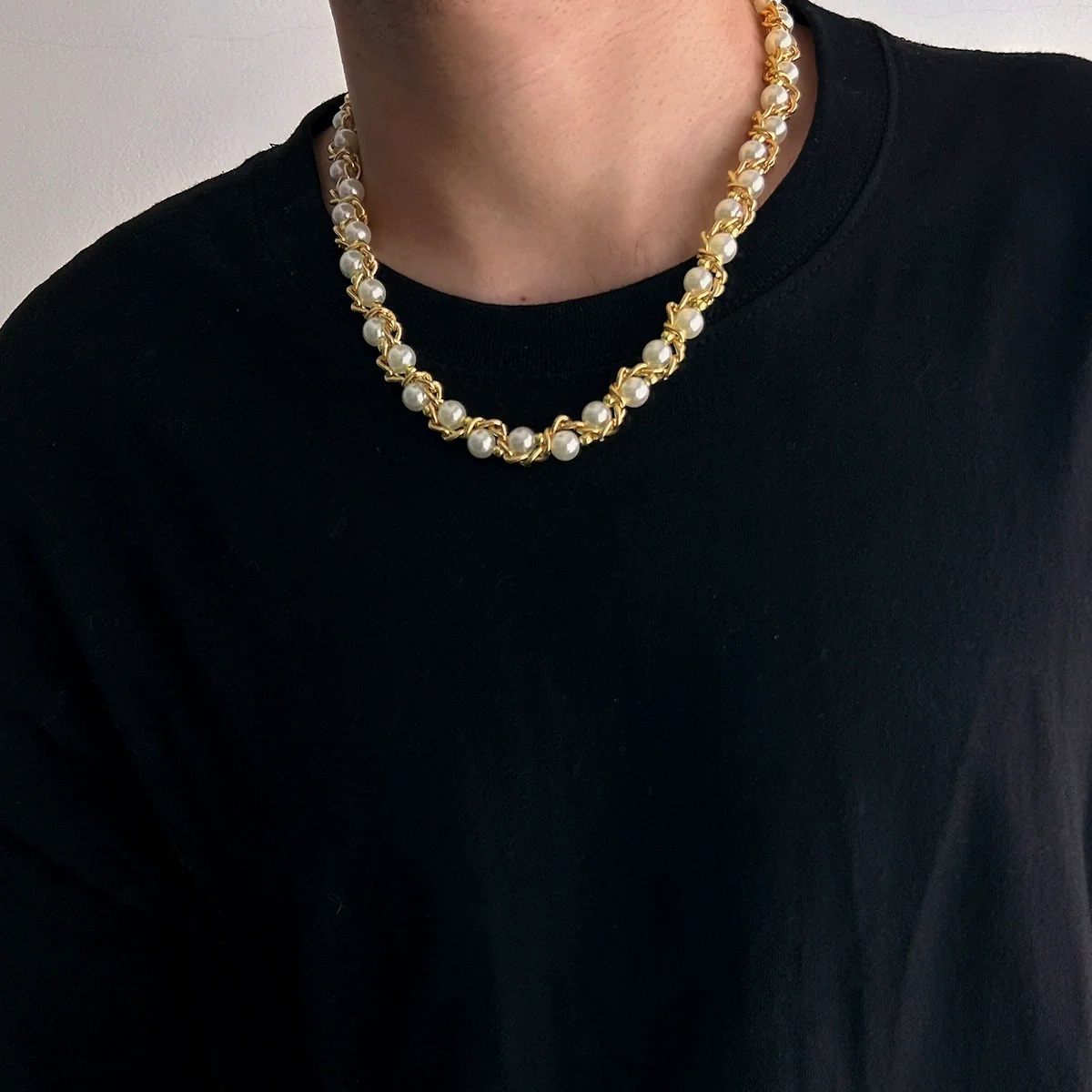 Wholesale Jewelry Men's Imitation Pearl Chain Geometric Style Alloy Pendant Handmade Necklace - Image 2
