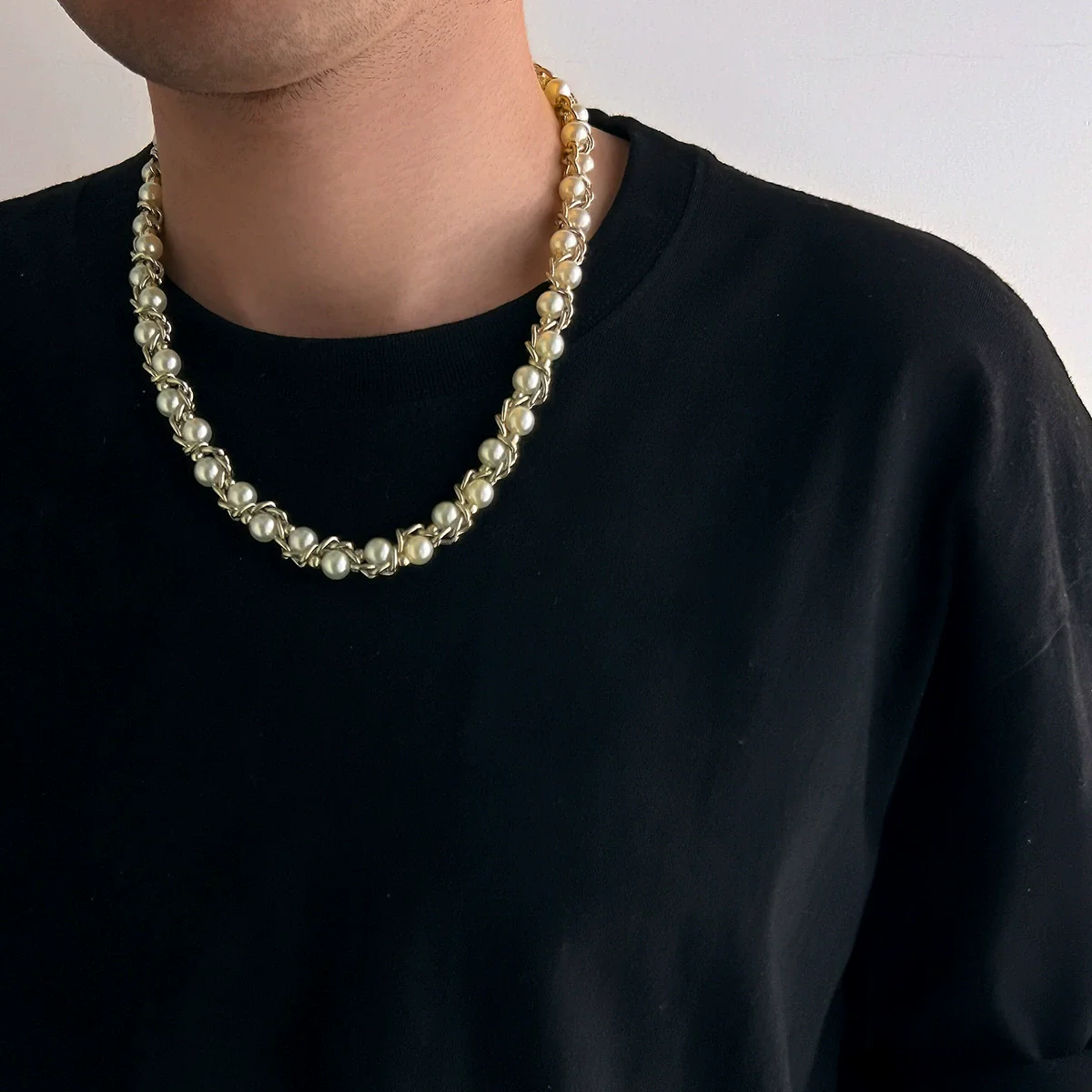 Wholesale Jewelry Men's Imitation Pearl Chain Geometric Style Alloy Pendant Handmade Necklace - Image 3