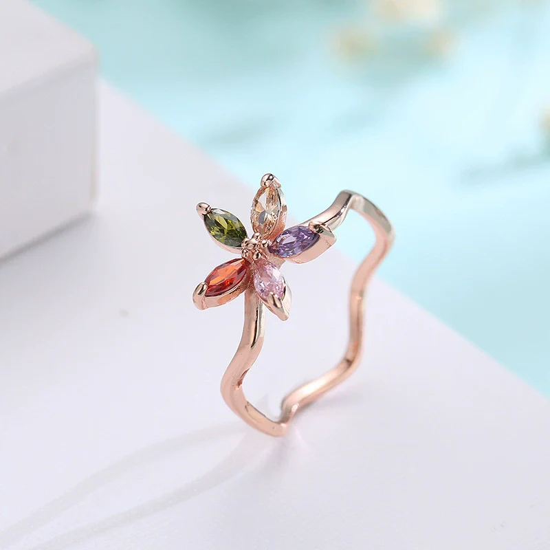 Wholesale Jewelry Natural Plant Flower Geometric Fivepointed Star Rose Gold Zircon Electroplated Ring For Women - Image 2