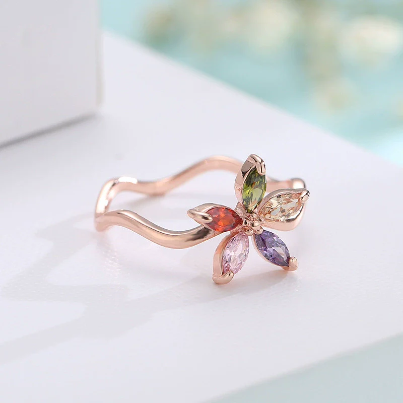 Wholesale Jewelry Natural Plant Flower Geometric Fivepointed Star Rose Gold Zircon Electroplated Ring For Women - Image 3
