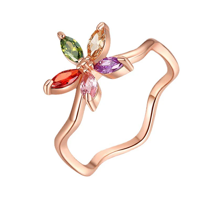 Wholesale Jewelry Natural Plant Flower Geometric Fivepointed Star Rose Gold Zircon Electroplated Ring For Women - Image 5