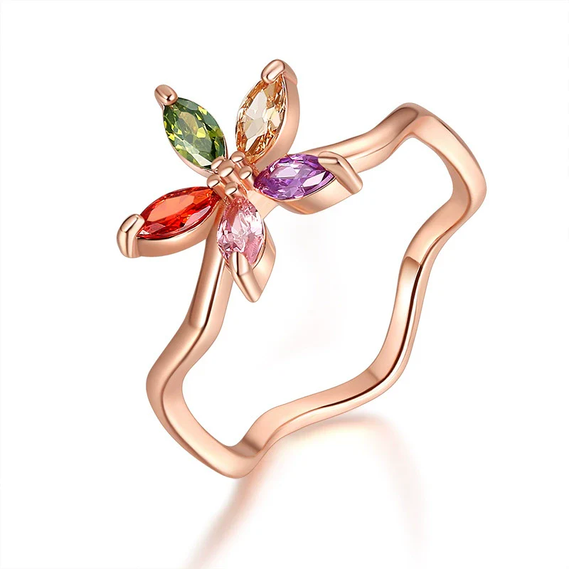 Wholesale Jewelry Natural Plant Flower Geometric Fivepointed Star Rose Gold Zircon Electroplated Ring For Women - Image 6