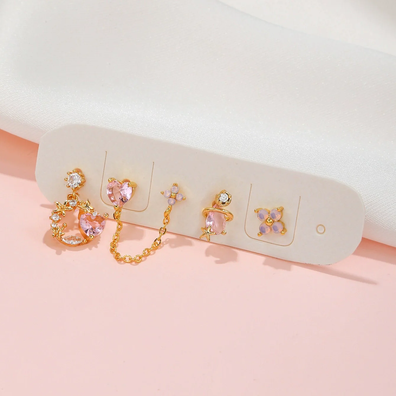 Wholesale Jewelry Pink Sweet Love Style Brass Heart And Flower Earrings Set With Zircon Inlay - Image 2