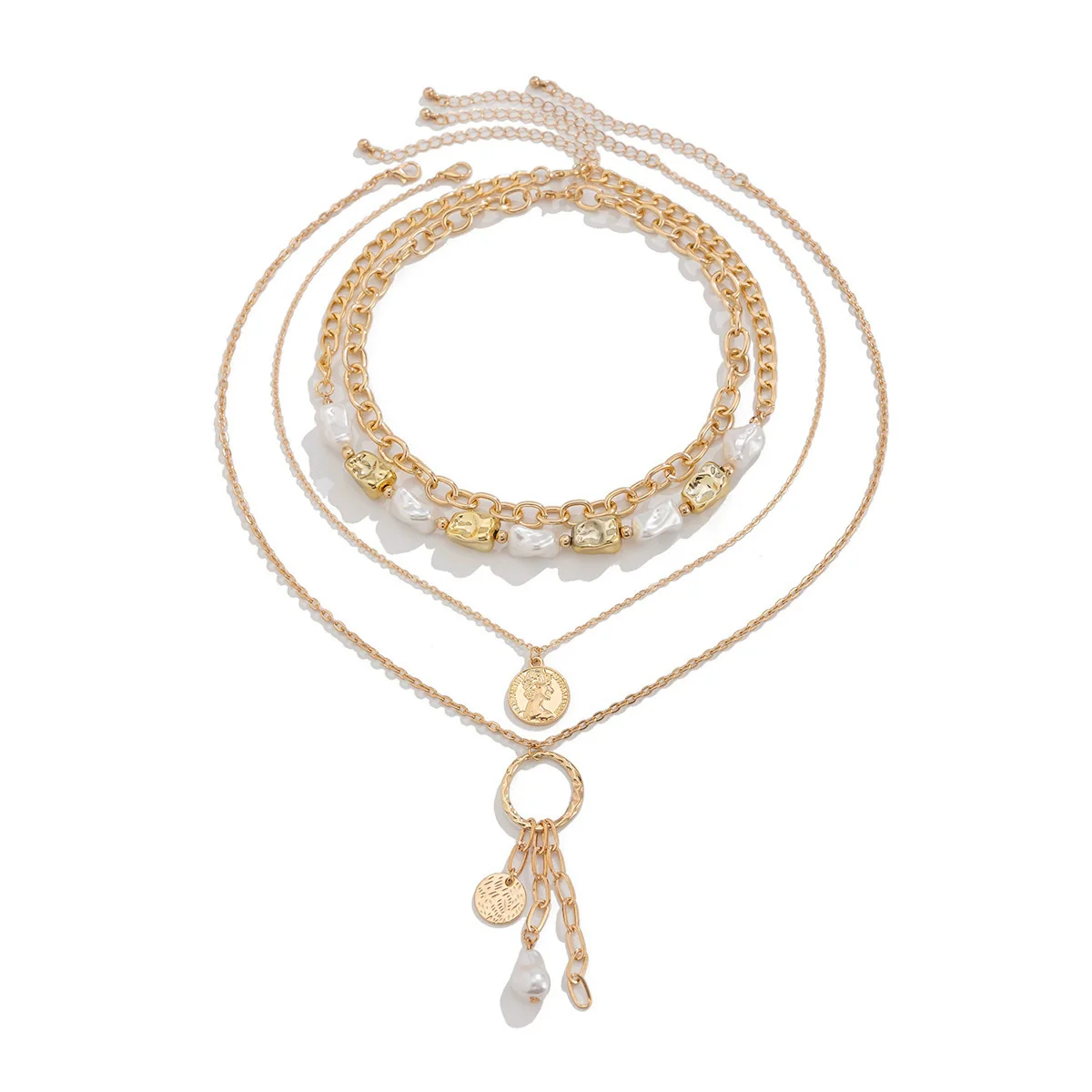 Wholesale Jewelry Retro Baroque Style Imitation Pearl Stacked Metal Geometric Pendant Necklace For Women - Image 3
