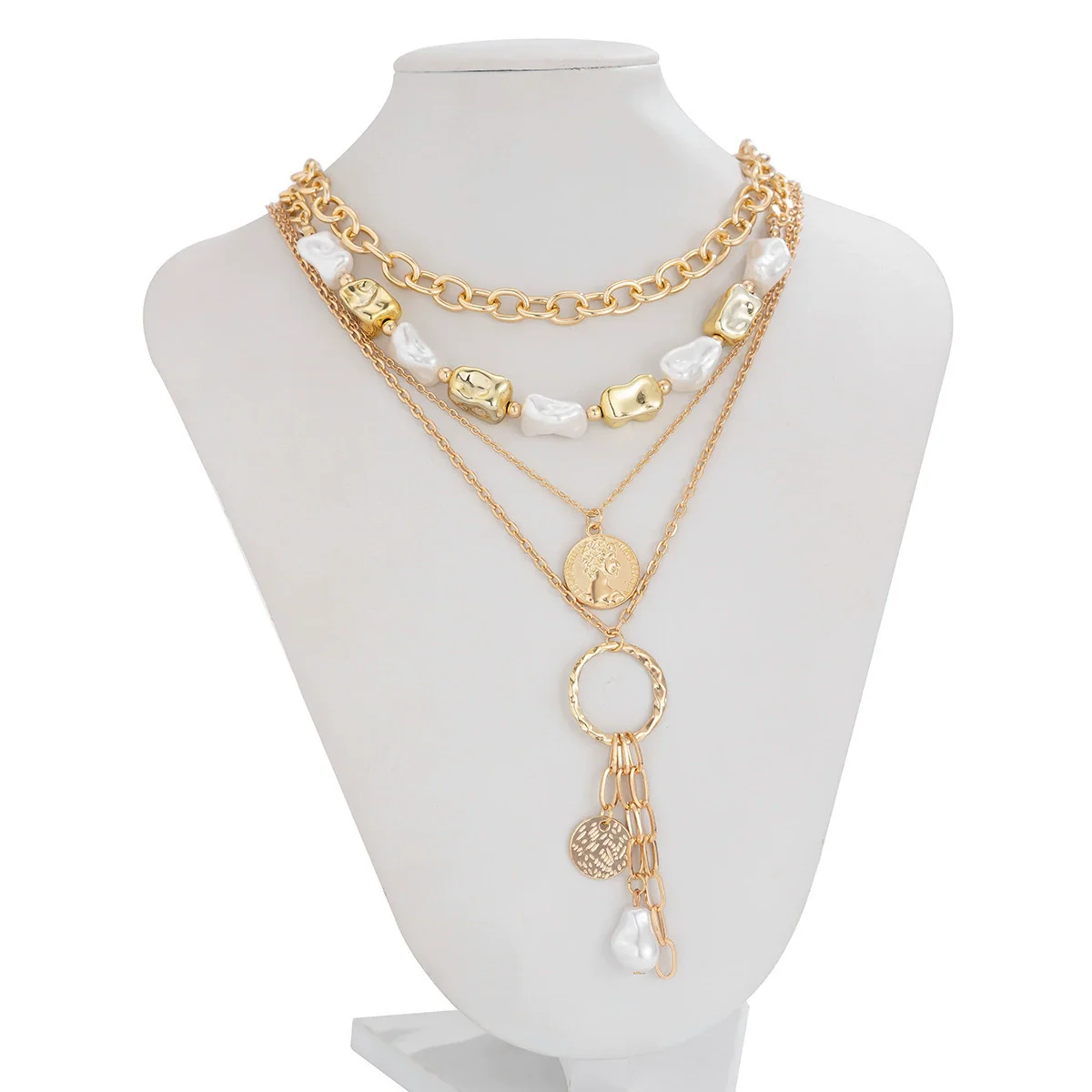 Wholesale Jewelry Retro Baroque Style Imitation Pearl Stacked Metal Geometric Pendant Necklace For Women - Image 5