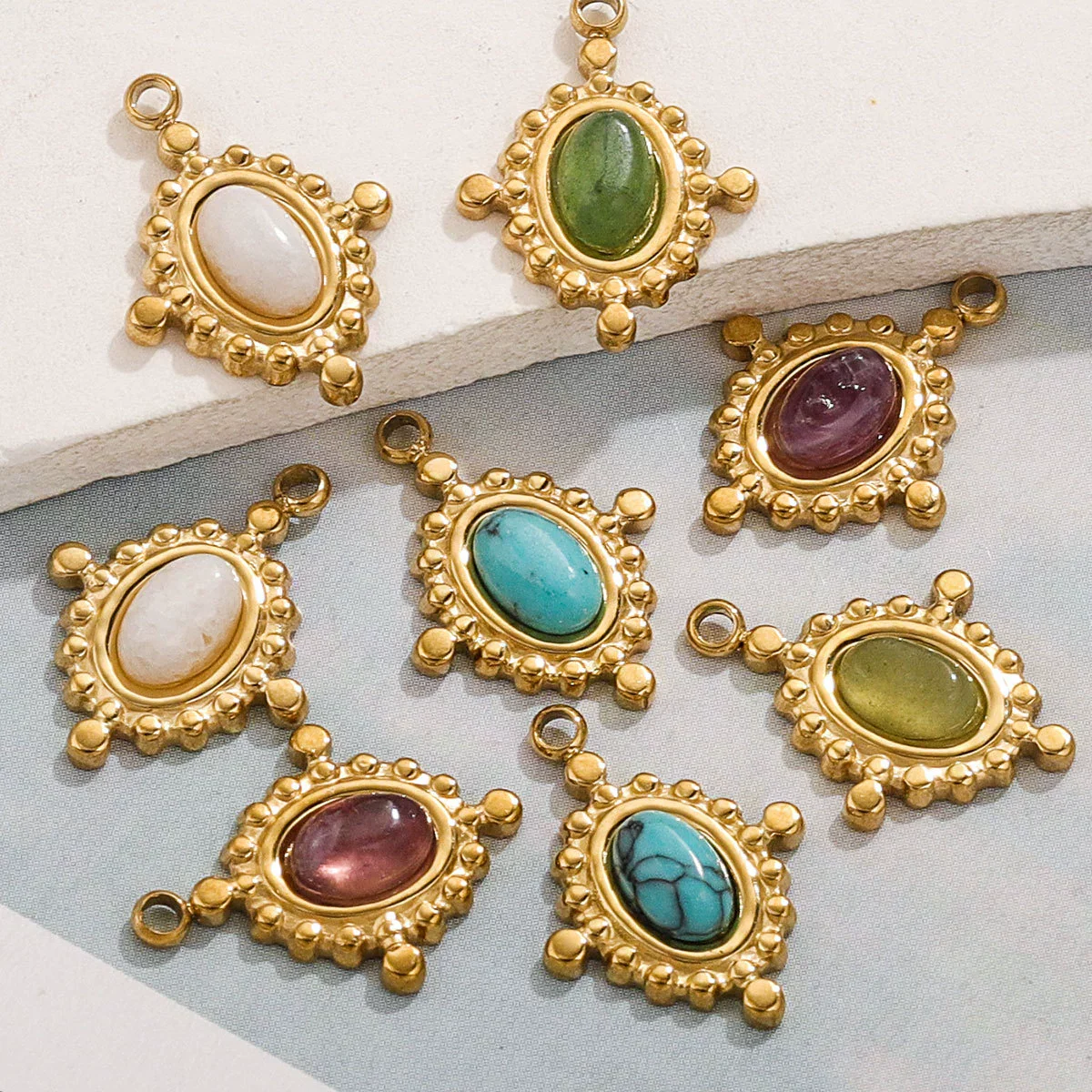 Wholesale Jewelry Retro Bohemian Style Oval Stainless Steel Inlay Earrings Necklace Pendant - Image 4