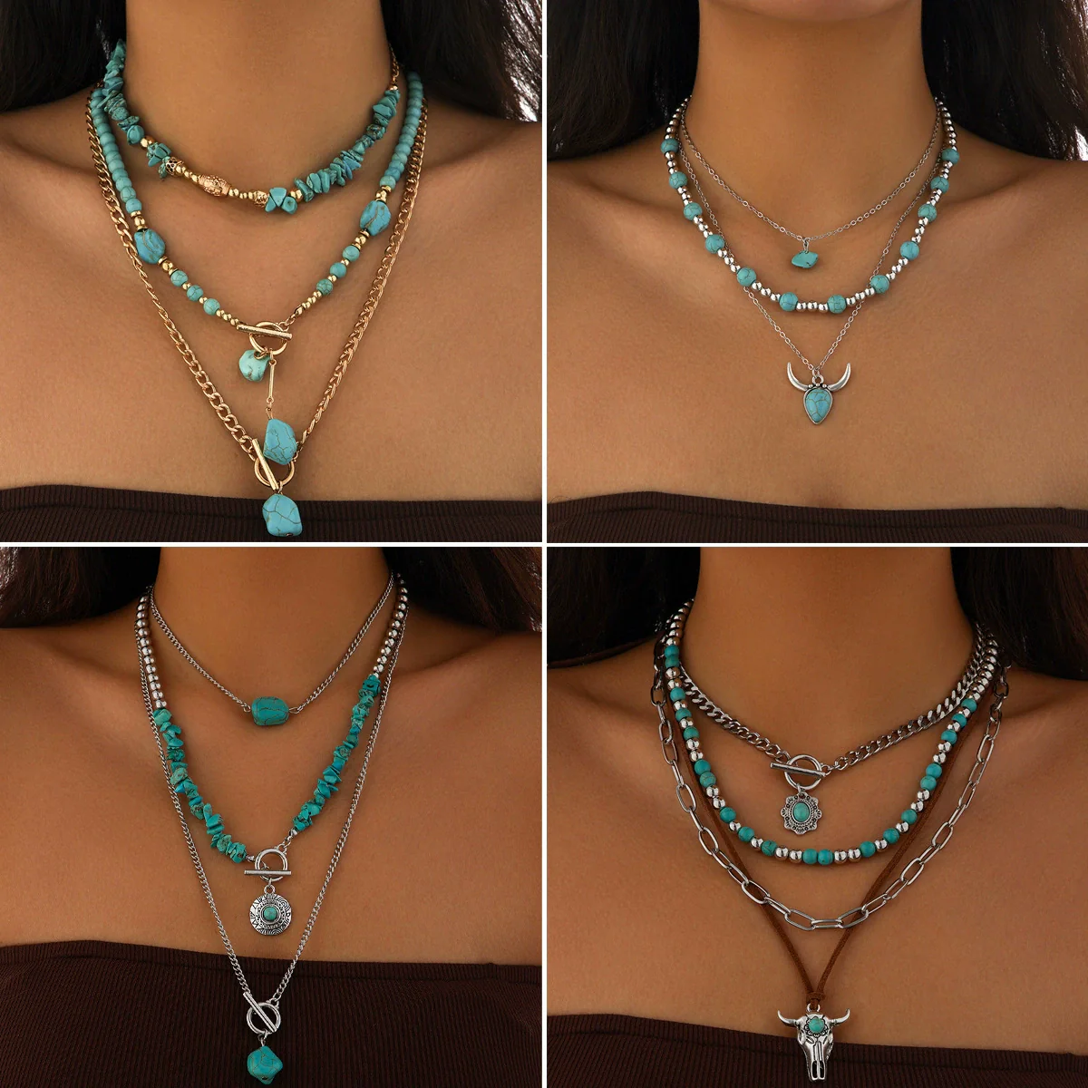 Wholesale Jewelry Retro Casual Style Geometric Turquoise Iron Alloy Chain Multilayer Bohemian Necklace With Electroplating