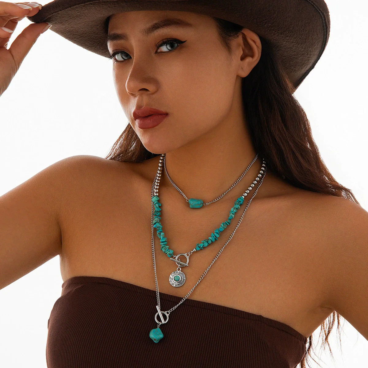 Wholesale Jewelry Retro Casual Style Geometric Turquoise Iron Alloy Chain Multilayer Bohemian Necklace With Electroplating - Image 2