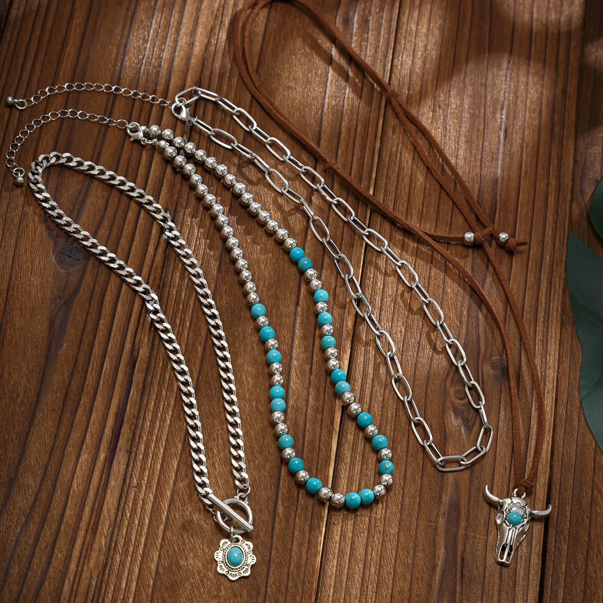 Wholesale Jewelry Retro Casual Style Geometric Turquoise Iron Alloy Chain Multilayer Bohemian Necklace With Electroplating - Image 4
