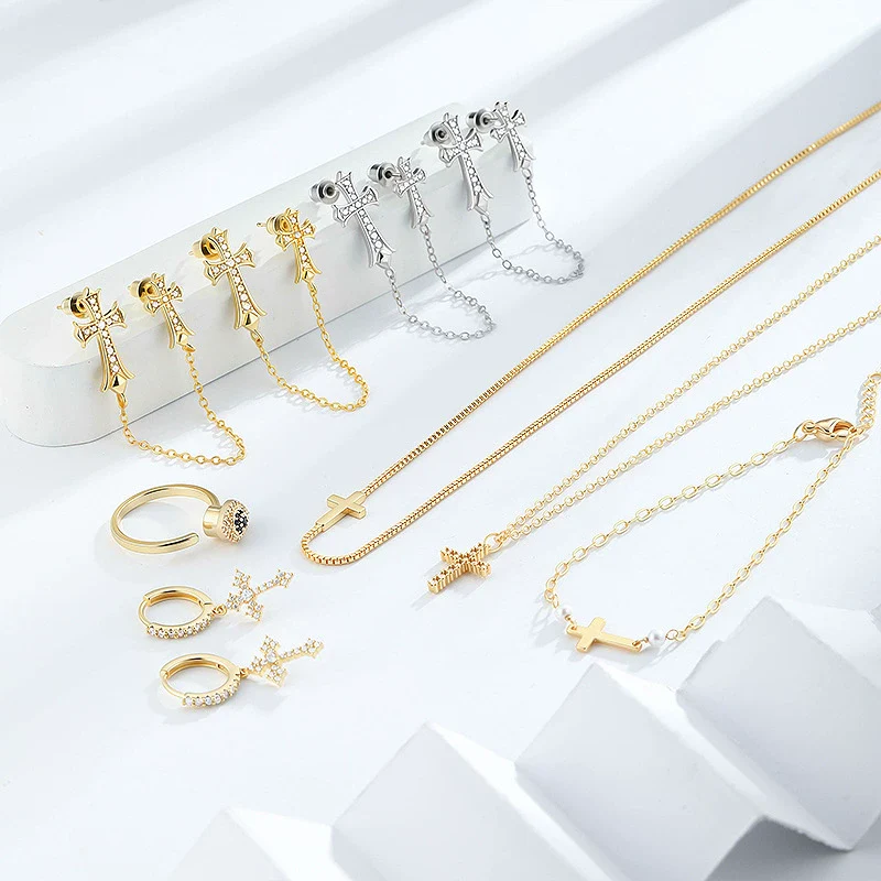 Wholesale Jewelry Retro Copper 14K Gold Plated Cross Earrings For Women