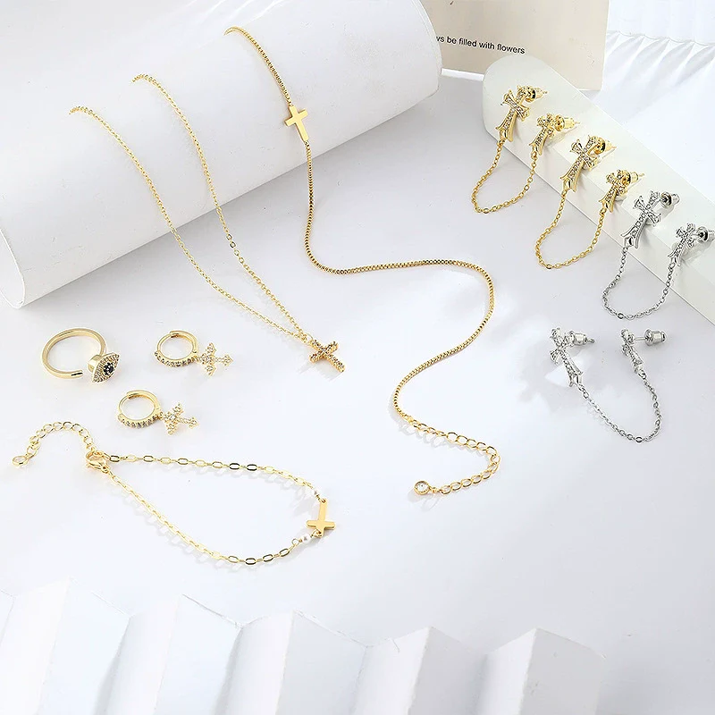 Wholesale Jewelry Retro Copper 14K Gold Plated Cross Earrings For Women - Image 2