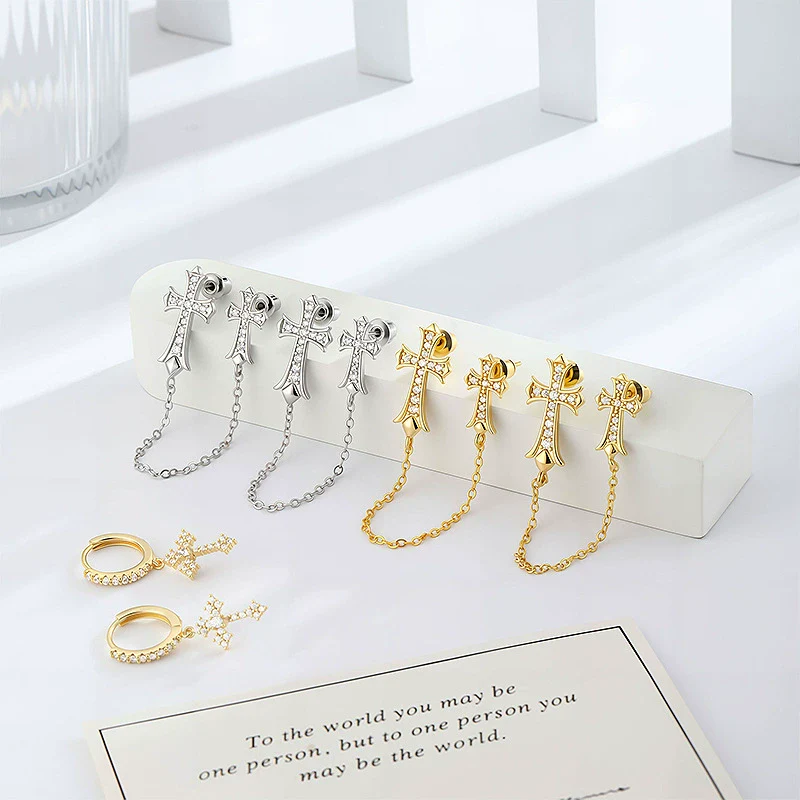 Wholesale Jewelry Retro Copper 14K Gold Plated Cross Earrings For Women - Image 4