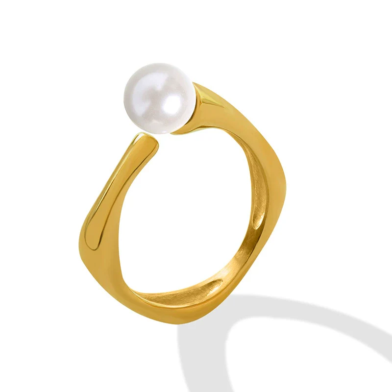 Wholesale Jewelry Retro Fashion Imitation Pearl Opening Ring Titanium Steel Gold Plated Geometric Women's Ring - Image 4