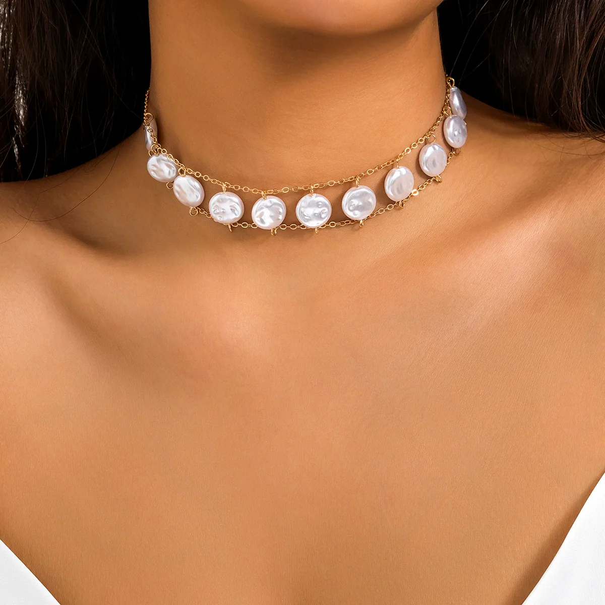 Wholesale Jewelry Retro Oblate Imitation Pearl Necklace With Geometric Pattern And Electroplating Ochain For Women - Image 6